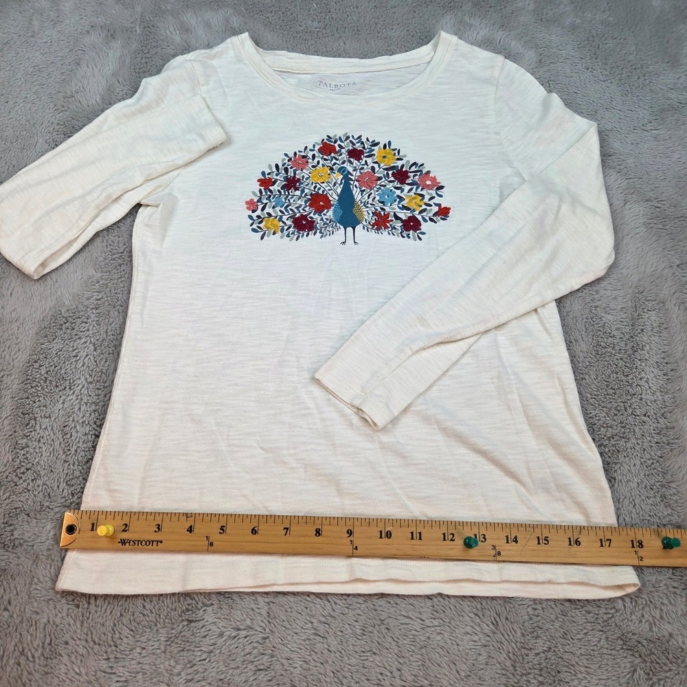 Talbots Graphic Tee Womens SP Peacock Floral Embroidered Slub Knit Cream White